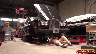 Pierced red head gets arse fucked by horny car repair men